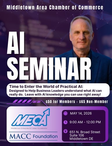 MACC Foundation AI Seminar flyer — May 14, 2026 at 651 N. Broad Street, Middletown DE
